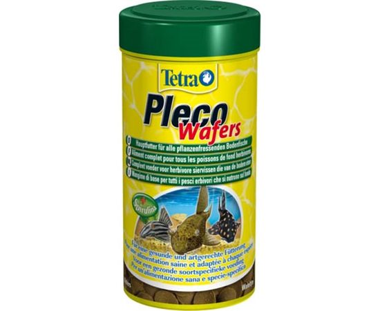 Корм для рыб TetraPleco Wafer 250мл  Основной корм для травоядных сомиков.  плотные пластинки с содержанием спирулины для донных сомиков ( таких как например Анцитрус, Плекостомус ) пластинки медленно растворяются, позволяя сомикам кормиться ими и не загрязняют воду форма и состав пластинок полностью соответствуют требованиям травоядных сомиков.